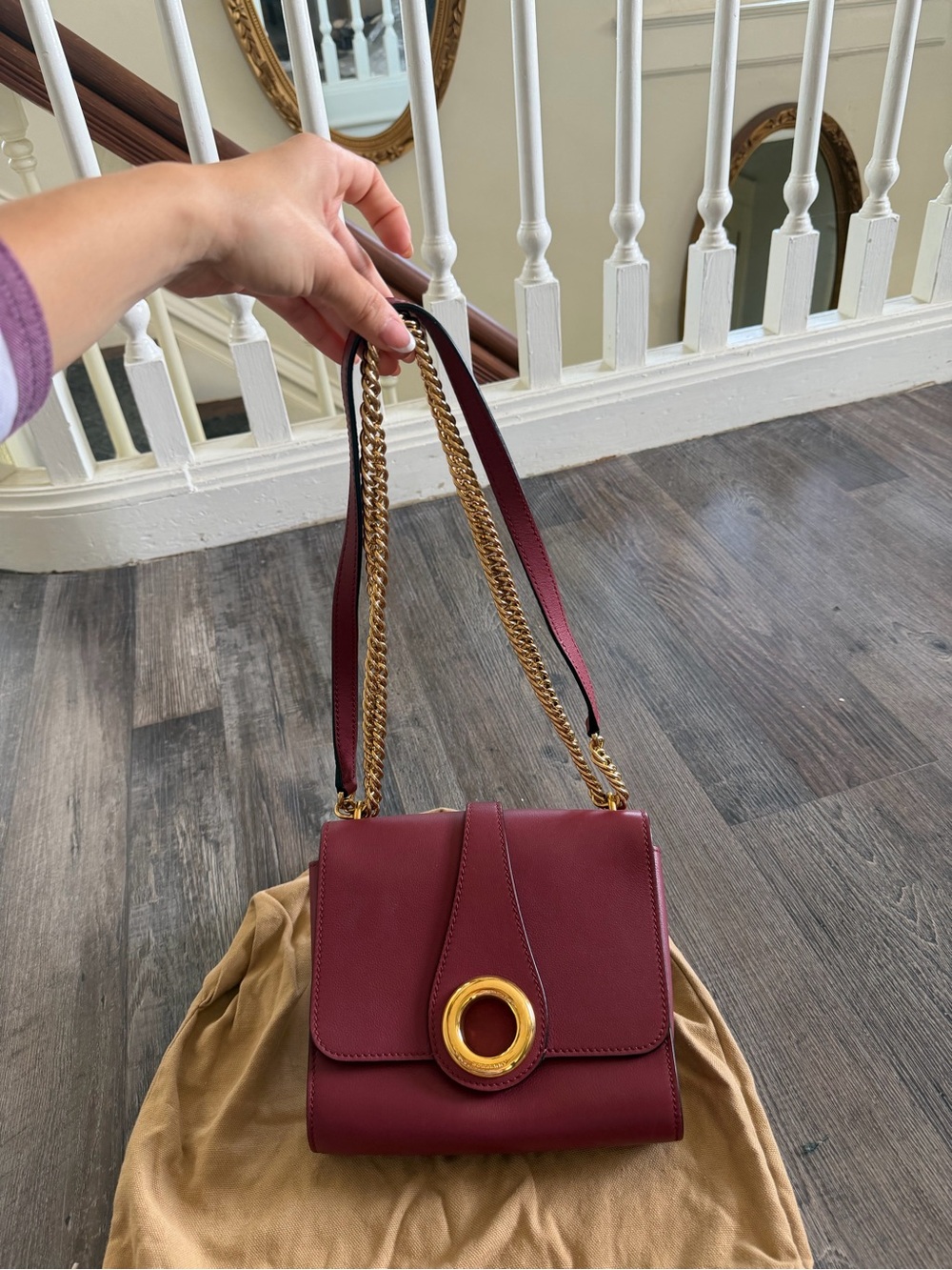 Women's Burgundy Burberry Leather Shoulder Bag with Gold Ring Accent